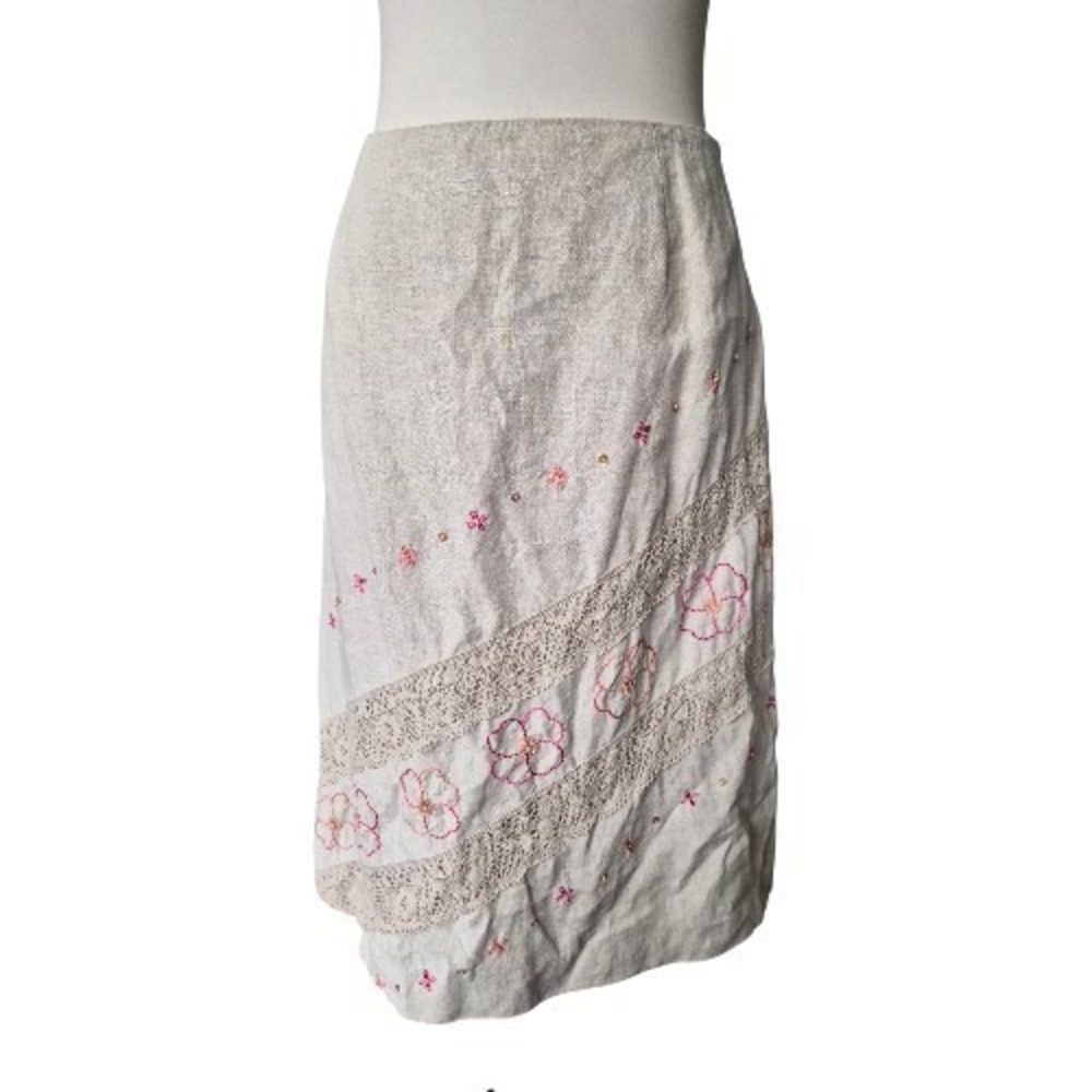 Martha B Linen Skirt Size‎ 12 Beige Embroidered Lace Cottagecore Boho Midi Skirt